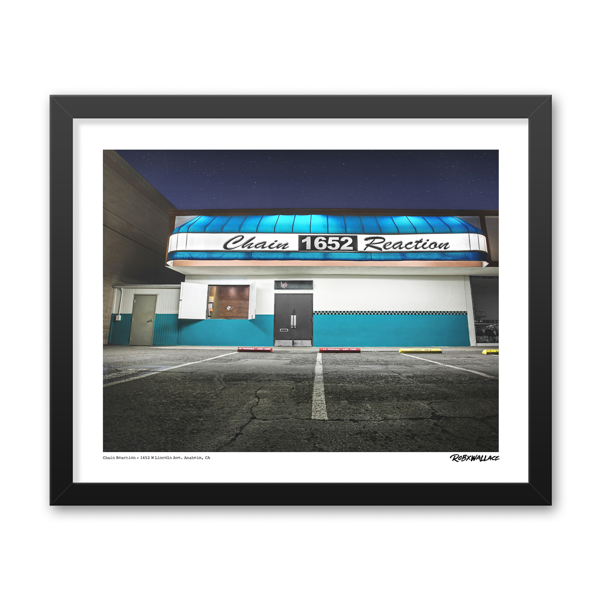 Photo by Rob Wallace: Night exterior landscape photograph of the historic Chain Reaction venue facade in Anaheim, CA.