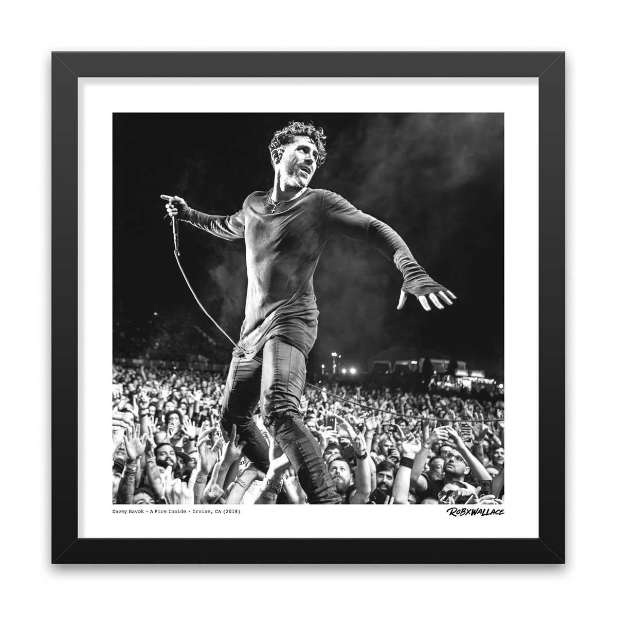 Photo by Rob Wallace: Davey Havok of AFI performing live on the crowd barrier at FivePoint Amphitheatre in Irvine, CA in 2018.
