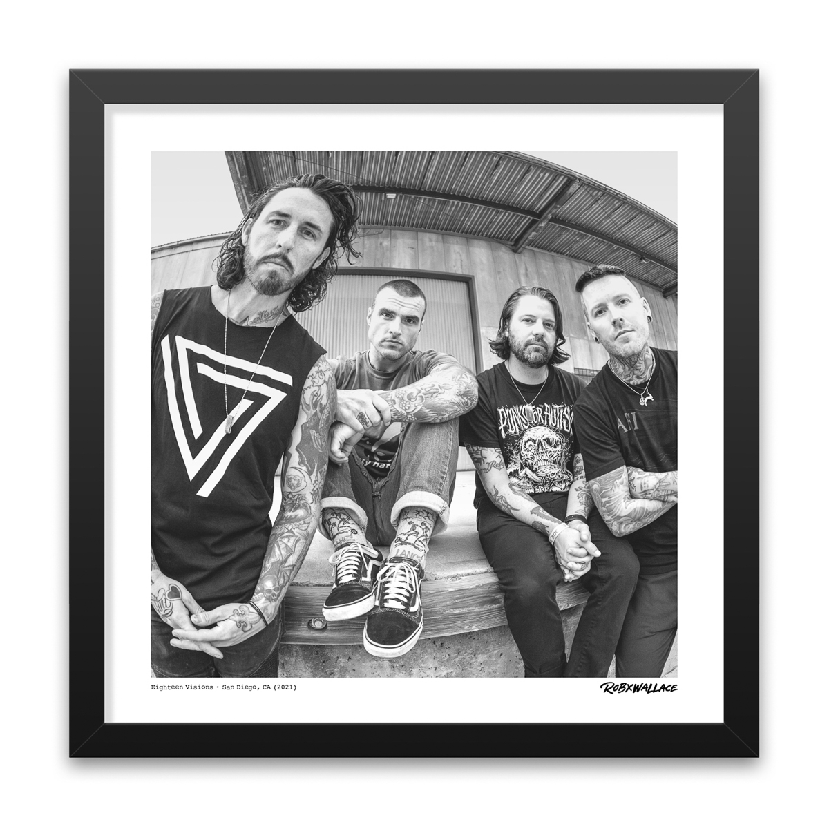Photo by Rob Wallace: Black and white band portrait of Eighteen Visions outside Brick By Brick in San Diego, CA in 2021.
