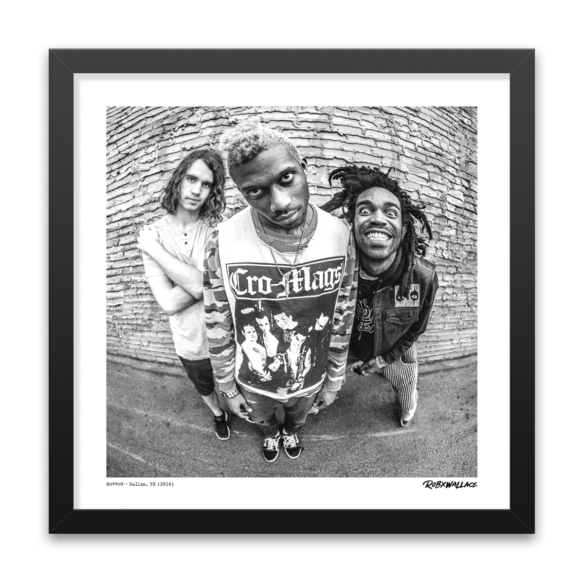 Photo by Rob Wallace: Black and white street portrait of Yeti Bones, theOGM, and Brandon Pertzborn of Ho99o9 outside Club Dada in Dallas, TX in 2016.