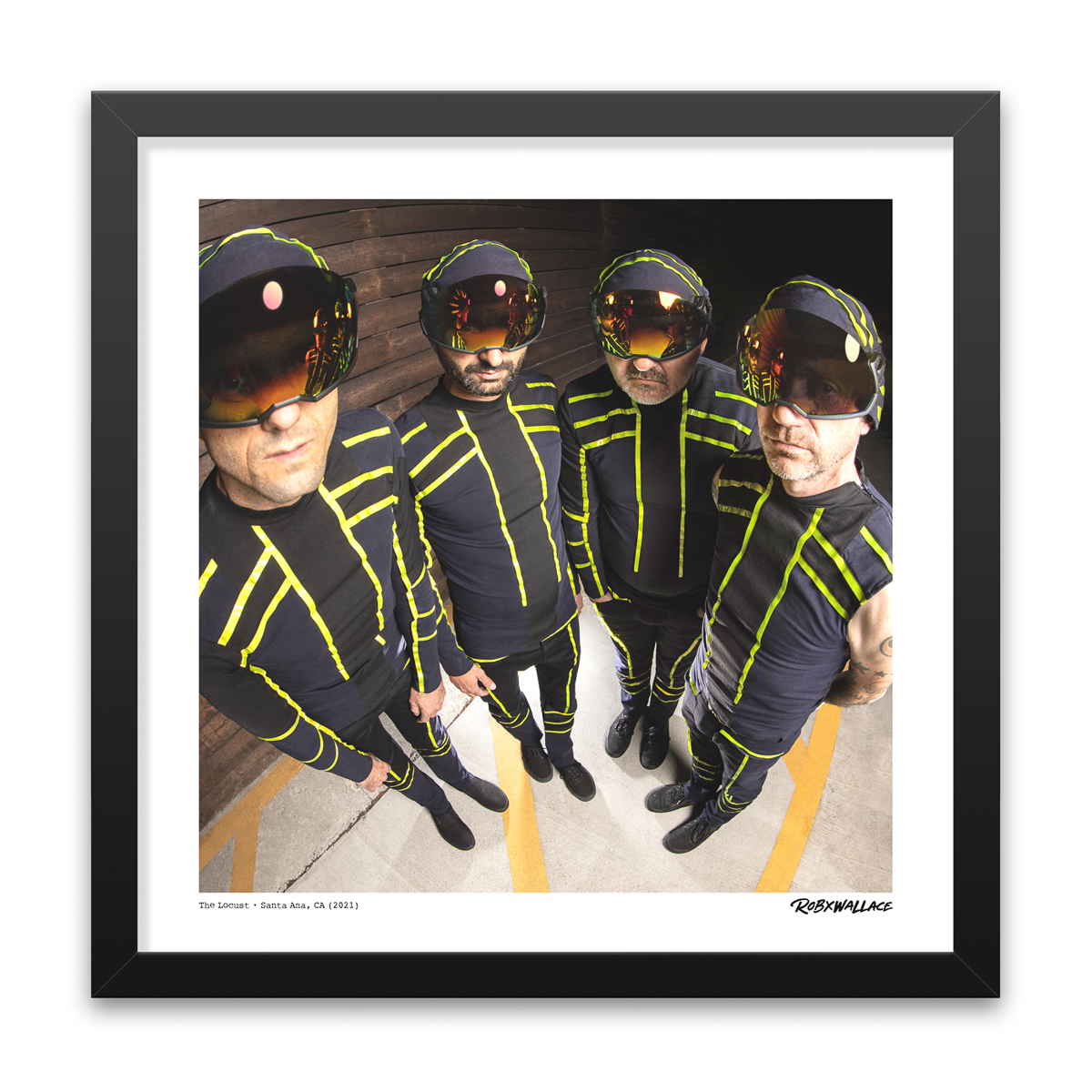 Photo by Rob Wallace: Final band portrait of The Locust (Justin Pearson, Joey Karam, Bobby Bray, Gabe Serbian) backstage in 2021.
